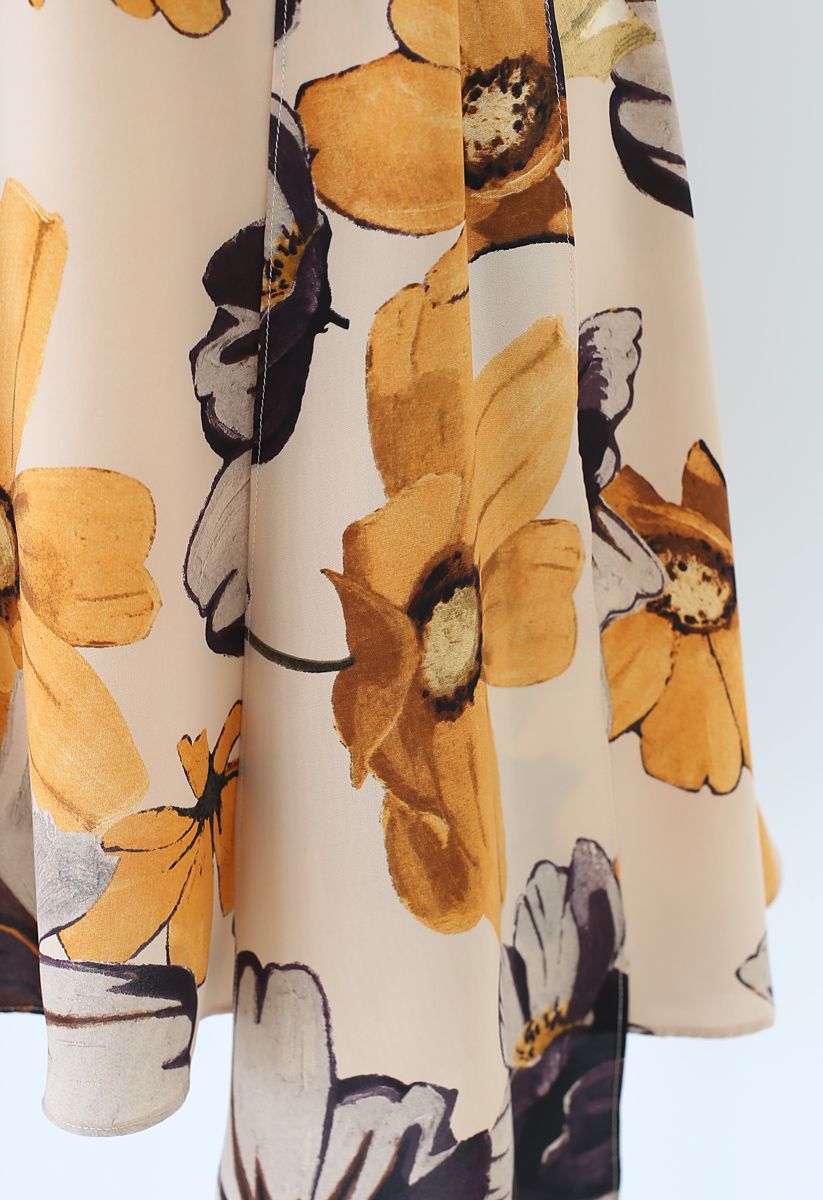 Robe mi-longue portefeuille jaune à imprimé fleuri et aquarelle