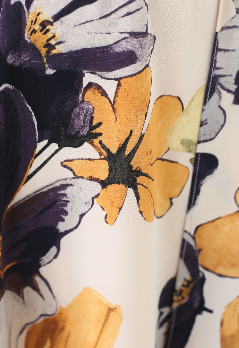 Robe mi-longue portefeuille jaune à imprimé fleuri et aquarelle