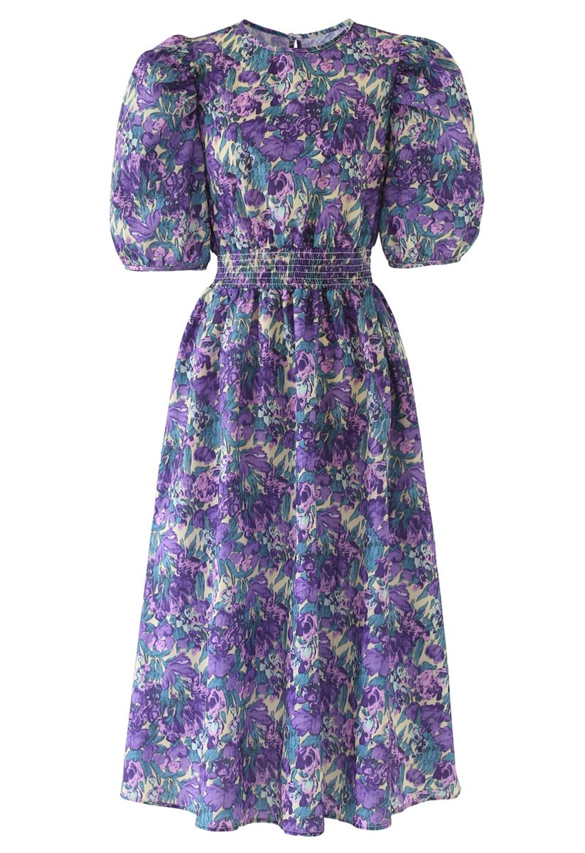 Robe mi-longue à imprimé floral et manches bouffantes en violet