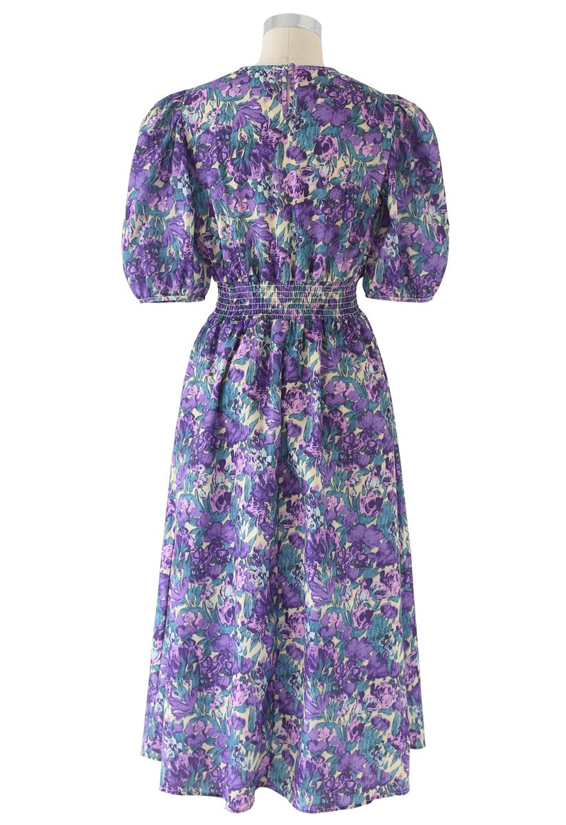 Robe mi-longue à imprimé floral et manches bouffantes en violet