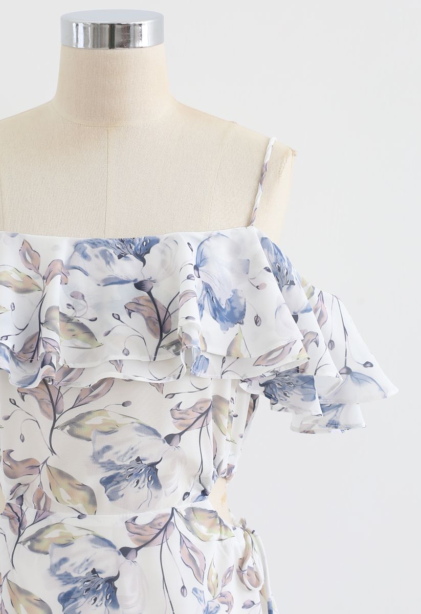 Robe asymétrique à épaules dénudées et imprimé fleurs et feuilles