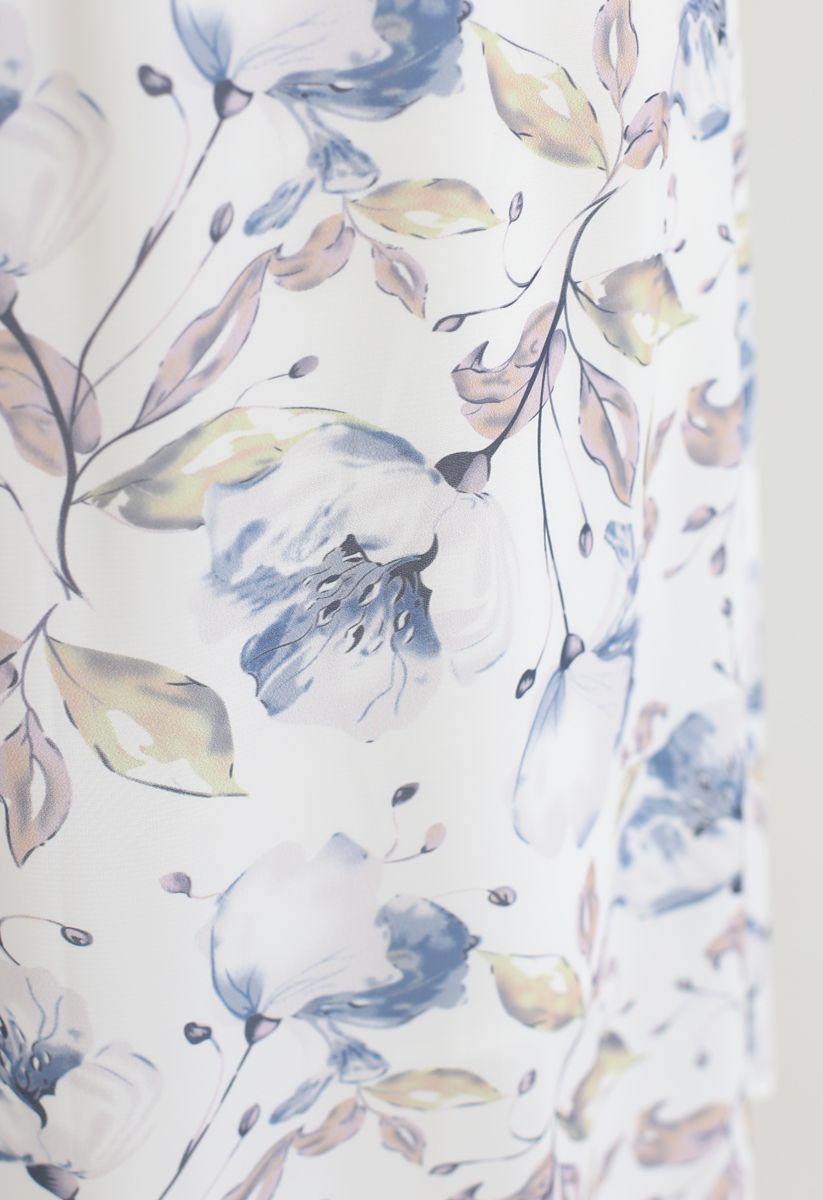 Robe asymétrique à épaules dénudées et imprimé fleurs et feuilles
