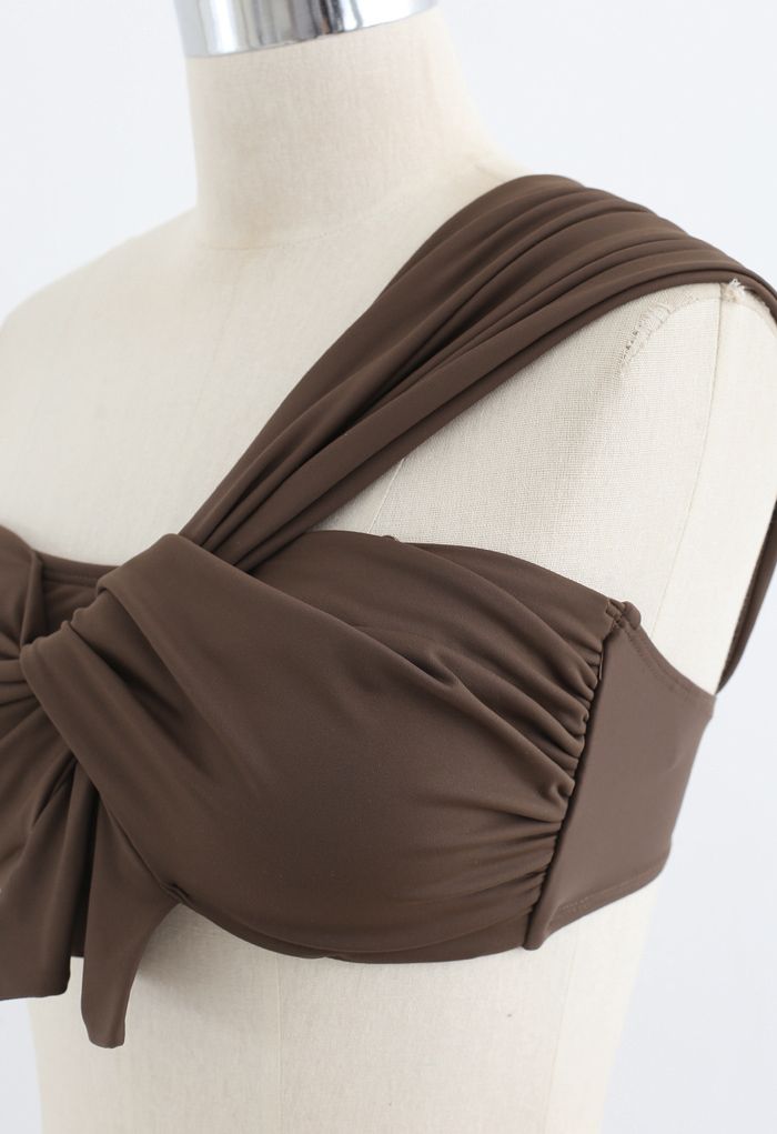 Sweet Knot One-Shoulder Bikini Set in Brown