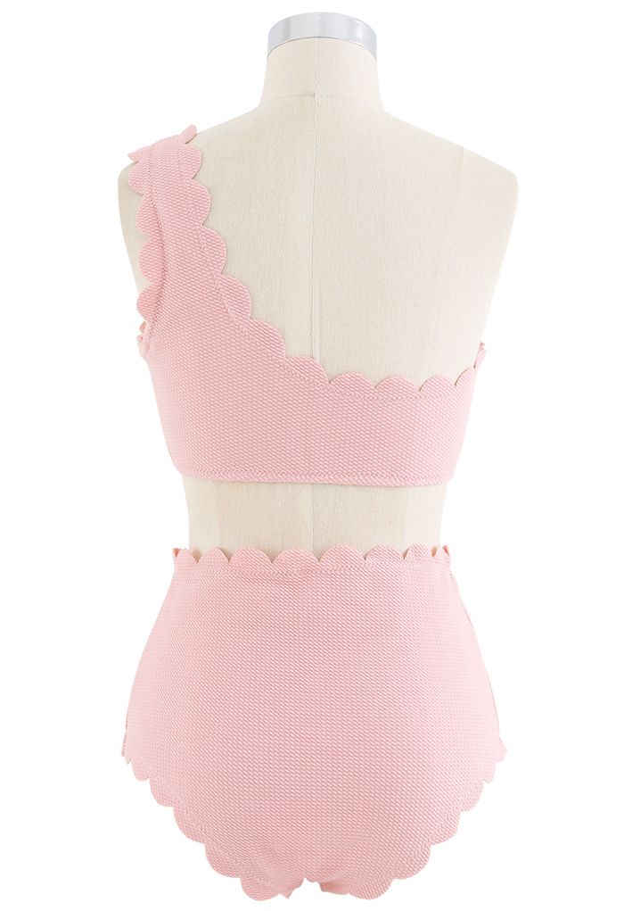 One-Shoulder Scalloped Bikini Set in Pink