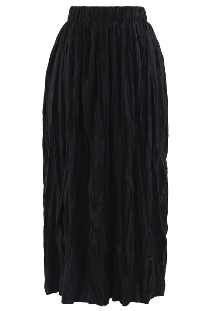 Jupe mi-longue trapèze plissée en velours noir en noir