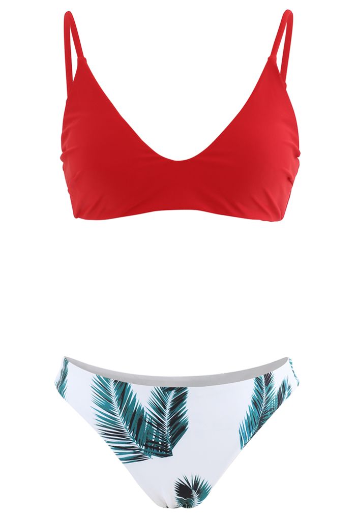 Ensemble de bikini échancré à imprimé feuille et bretelles réglables en rouge