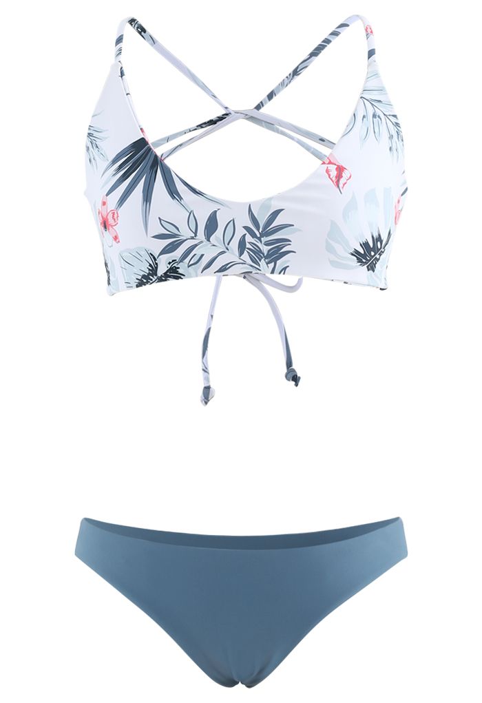 Ensemble de bikini dos ouvert imprimé feuilles en bleu