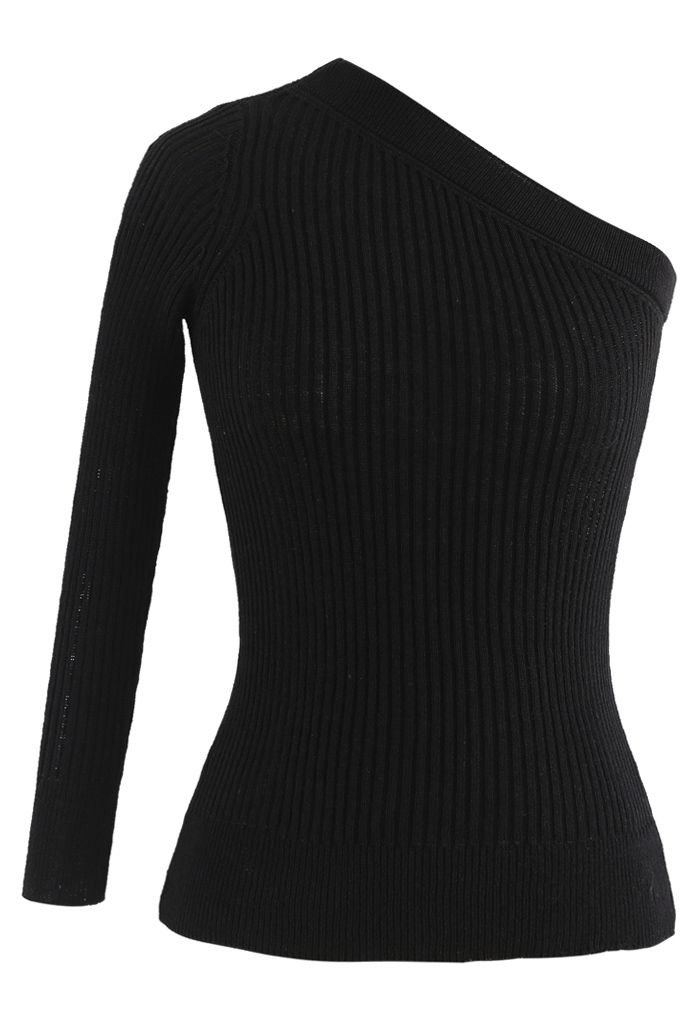 Haut ajusté en tricot côtelé à une épaule en noir