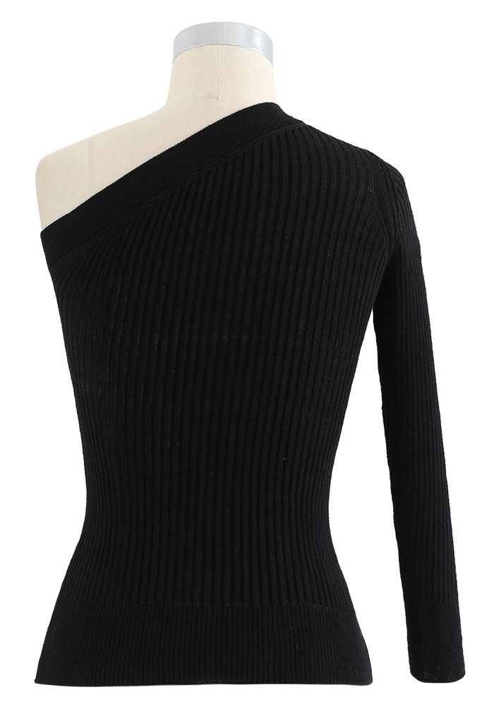 Haut ajusté en tricot côtelé à une épaule en noir