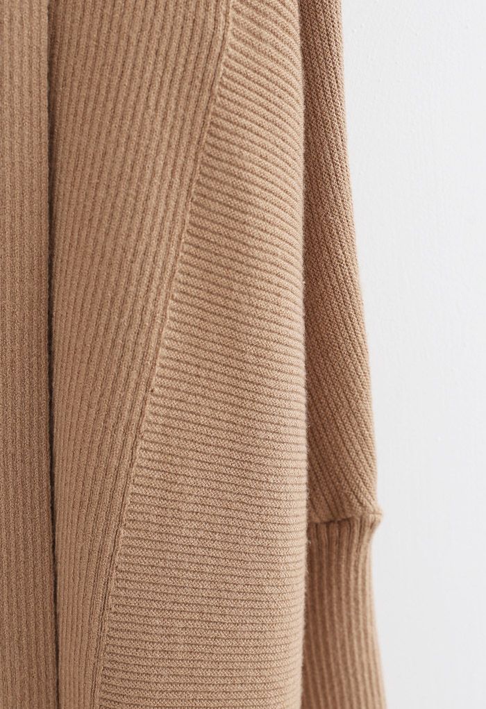 Cardigan basique à col drapé en tricot côtelé en caramel