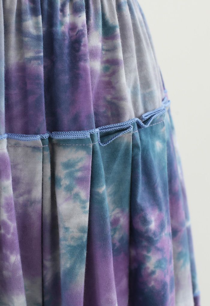 Jupe mi-longue plissée à volants tie-dye en violet