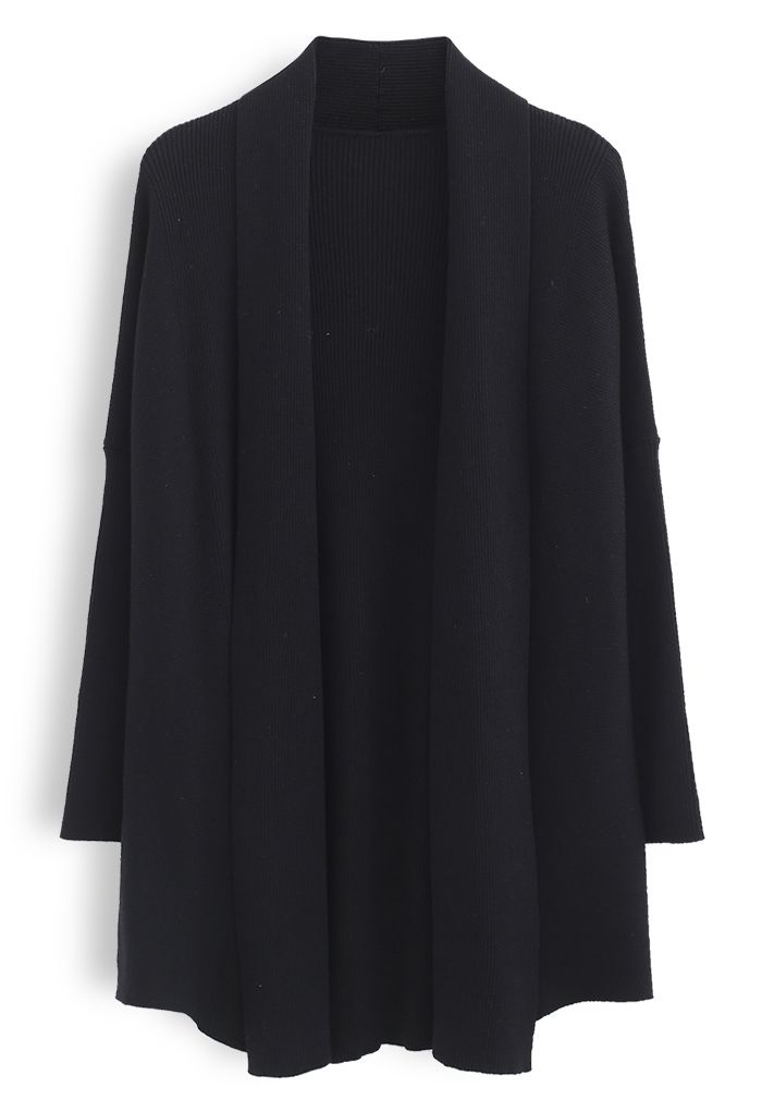 Cardigan basique à col drapé en tricot côtelé en noir