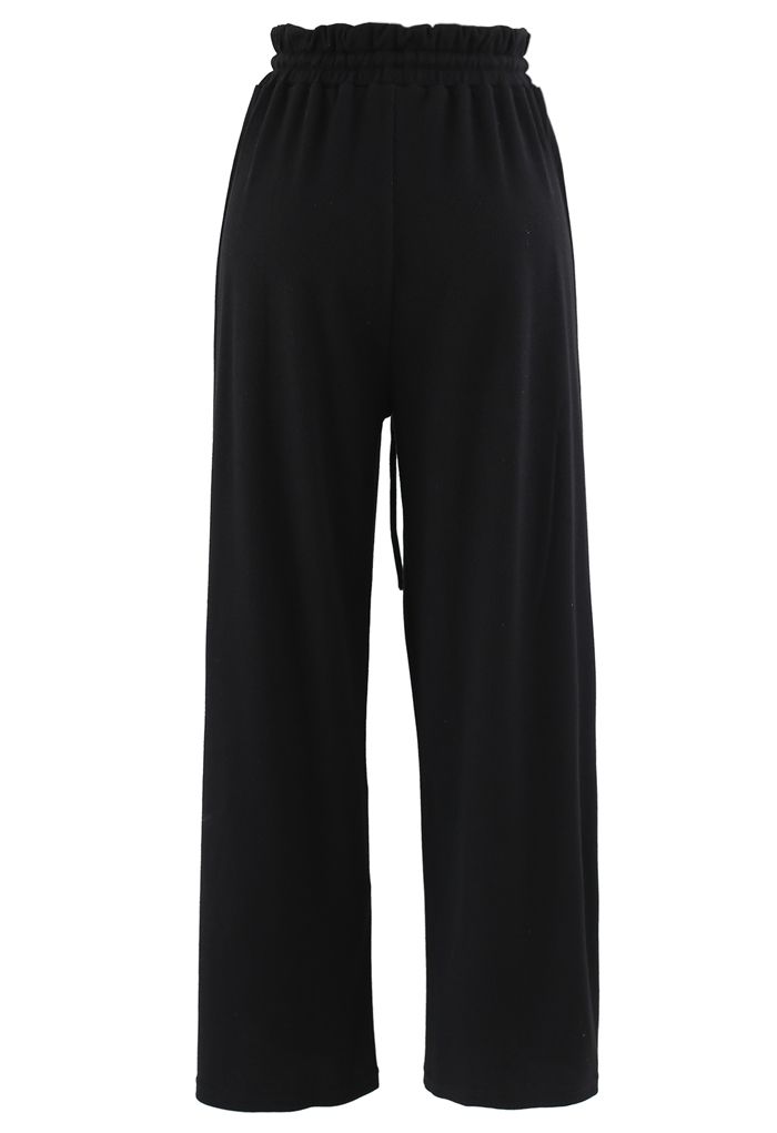 Pantalon de yoga côtelé à taille paper-bag avec cordon de serrage en noir