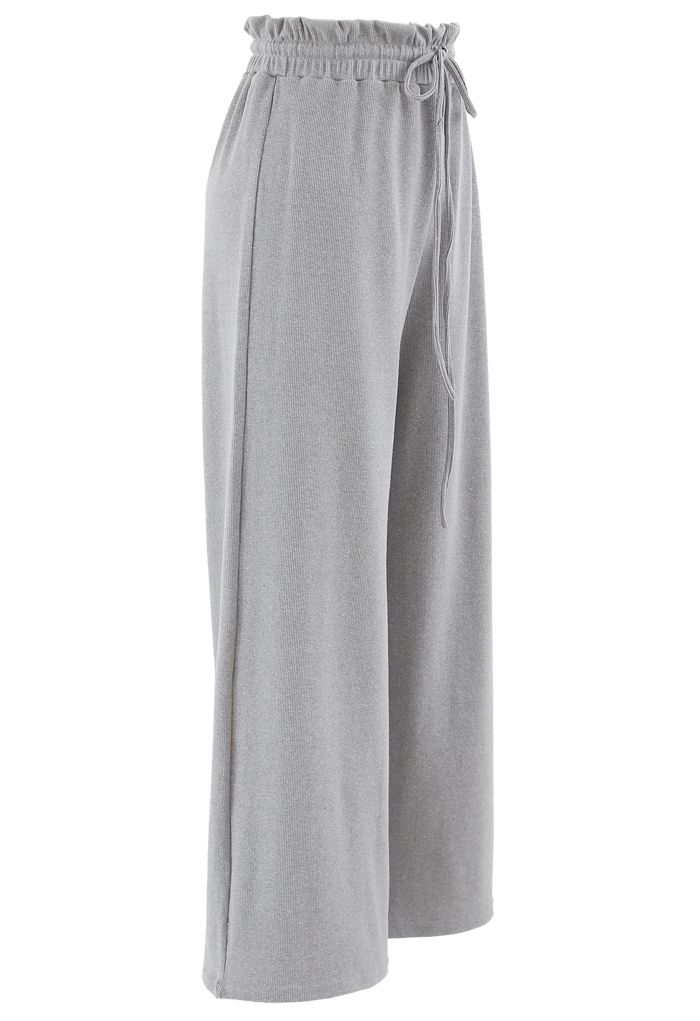 Pantalon de yoga côtelé à taille paper-bag avec cordon de serrage en gris