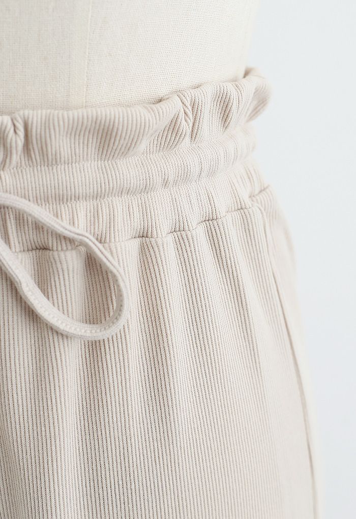 Pantalon de yoga côtelé à taille paper-bag avec cordon de serrage en sable