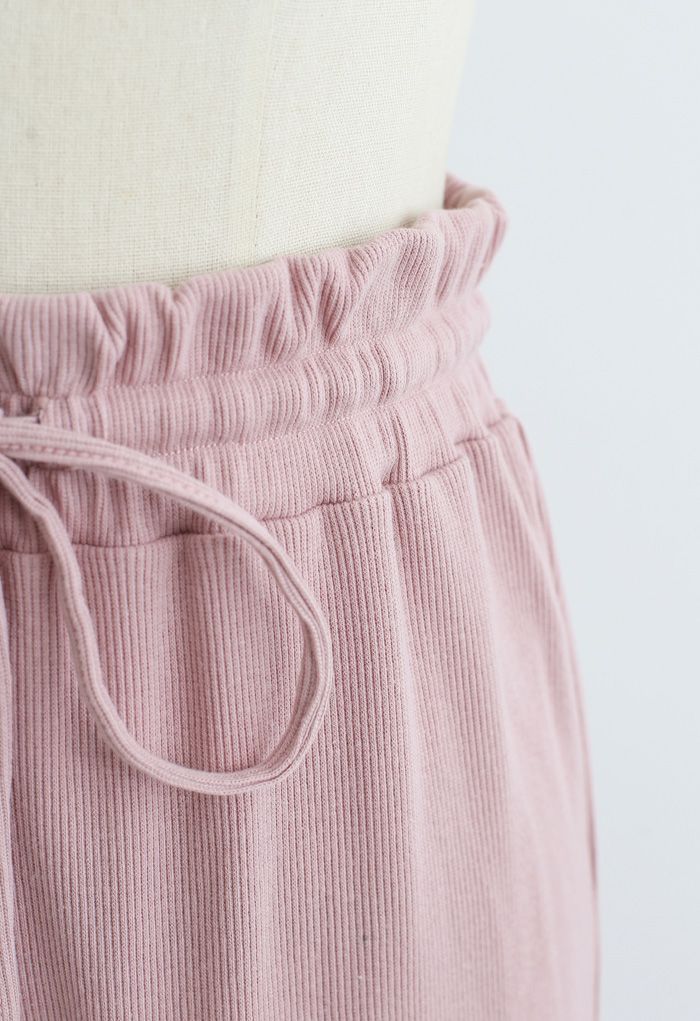 Pantalon de yoga côtelé à taille sac en papier avec cordon de serrage en rose
