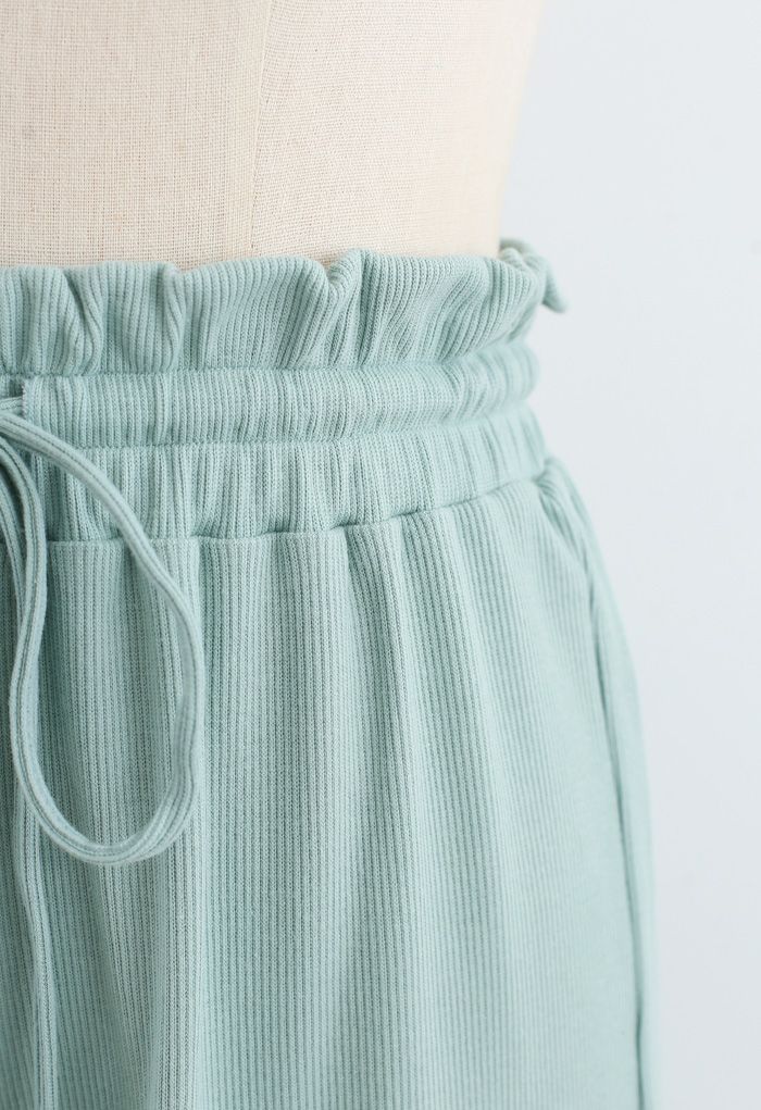 Pantalon de yoga côtelé à taille sac en papier avec cordon de serrage en menthe