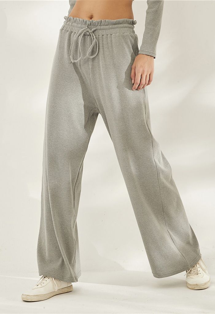 Pantalon de yoga côtelé à taille paper-bag avec cordon de serrage en gris