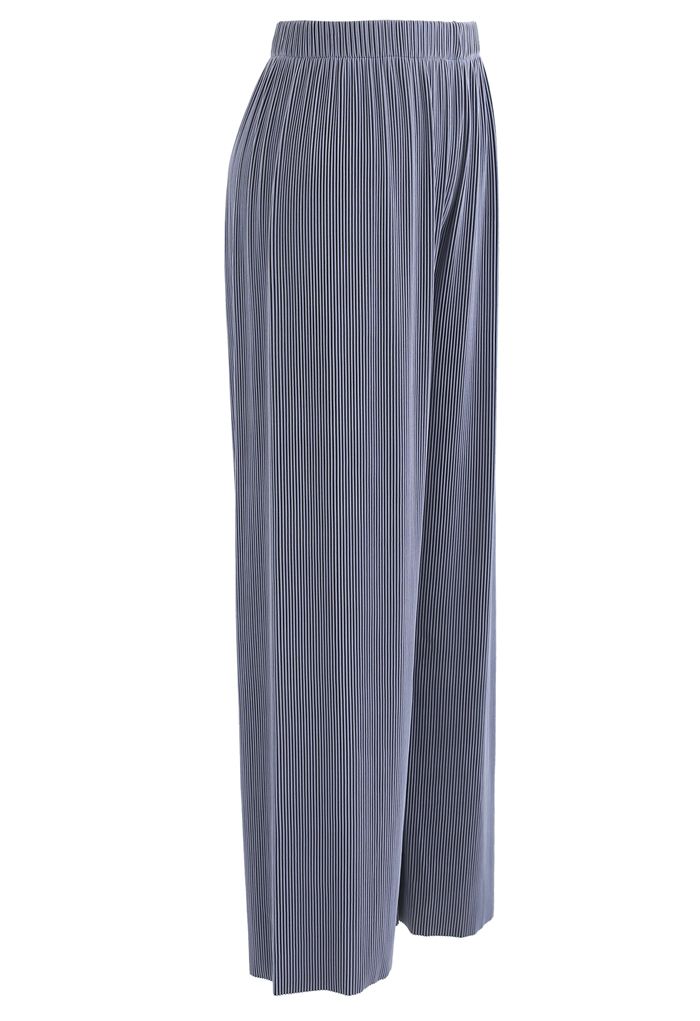 Pantalon côtelé taille haute contrasté en bleu poussiéreux