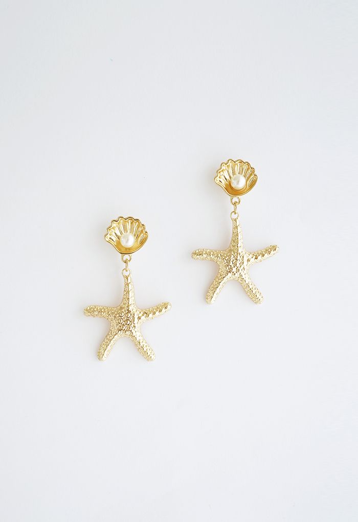 Pendants d'oreilles dorés à perles et coquillages étoile de mer