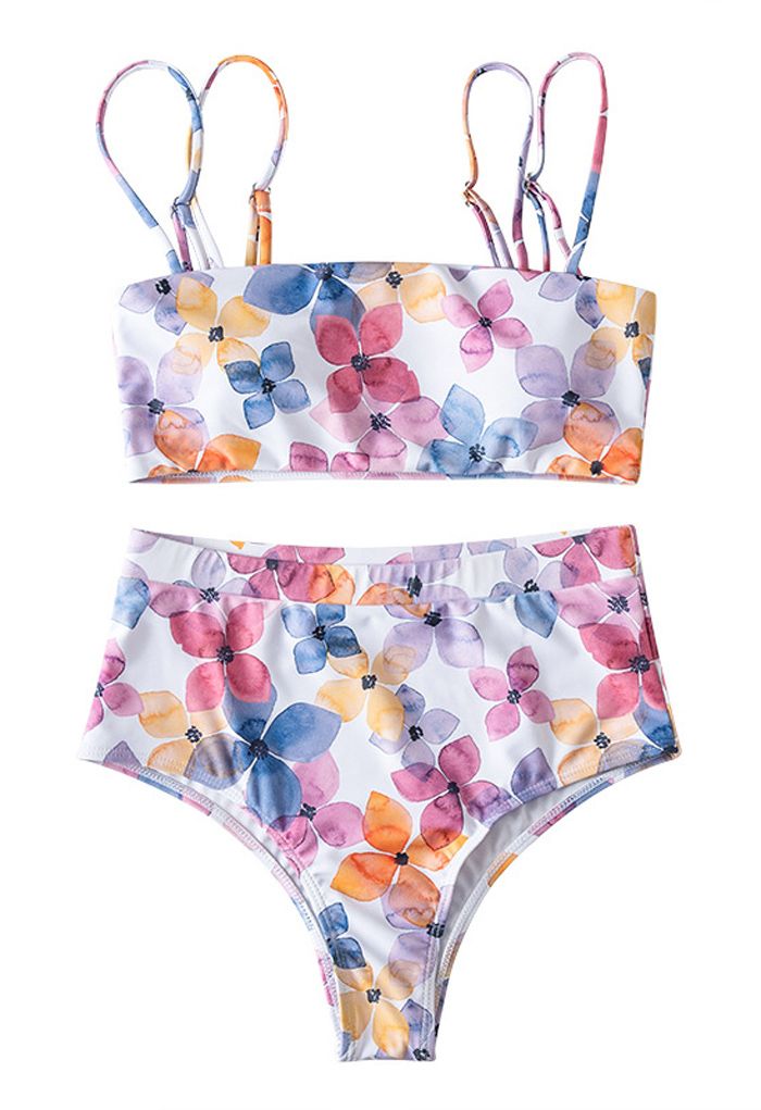 Ensemble de bikini taille haute multicolore à fleurs et doubles bretelles