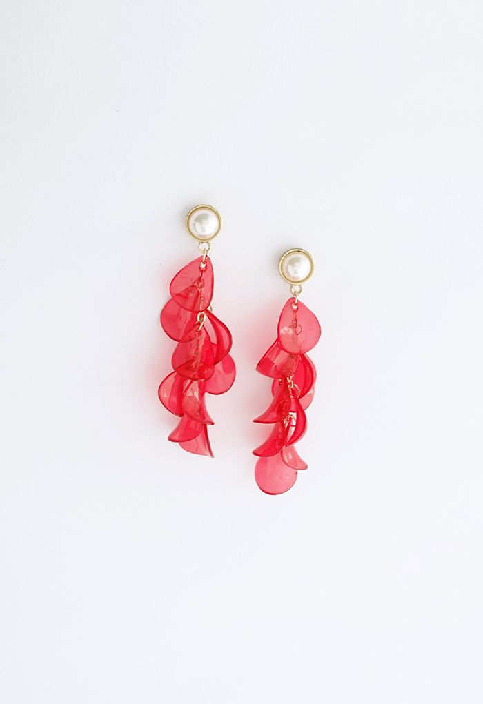 Perle avec Boucles d'Oreilles Pendantes Pétale en Plastique en Rouge