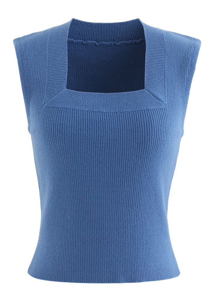Haut en tricot côtelé sans manches à encolure carrée en bleu