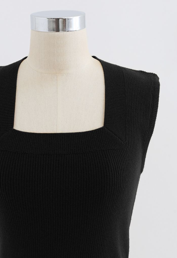 Haut en tricot côtelé sans manches à encolure carrée en noir