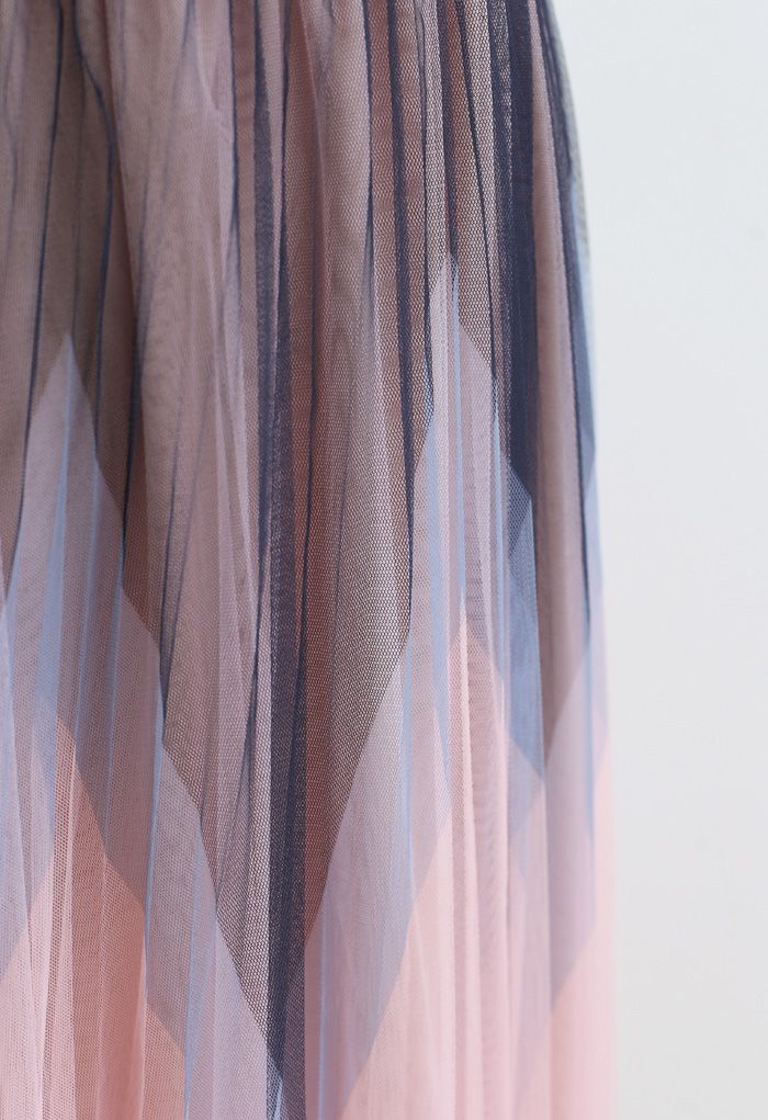 Jupe mi-longue en tulle plissé à double épaisseur en zigzag rose