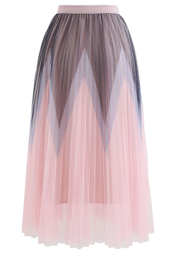 Jupe mi-longue en tulle plissé à double épaisseur en zigzag rose