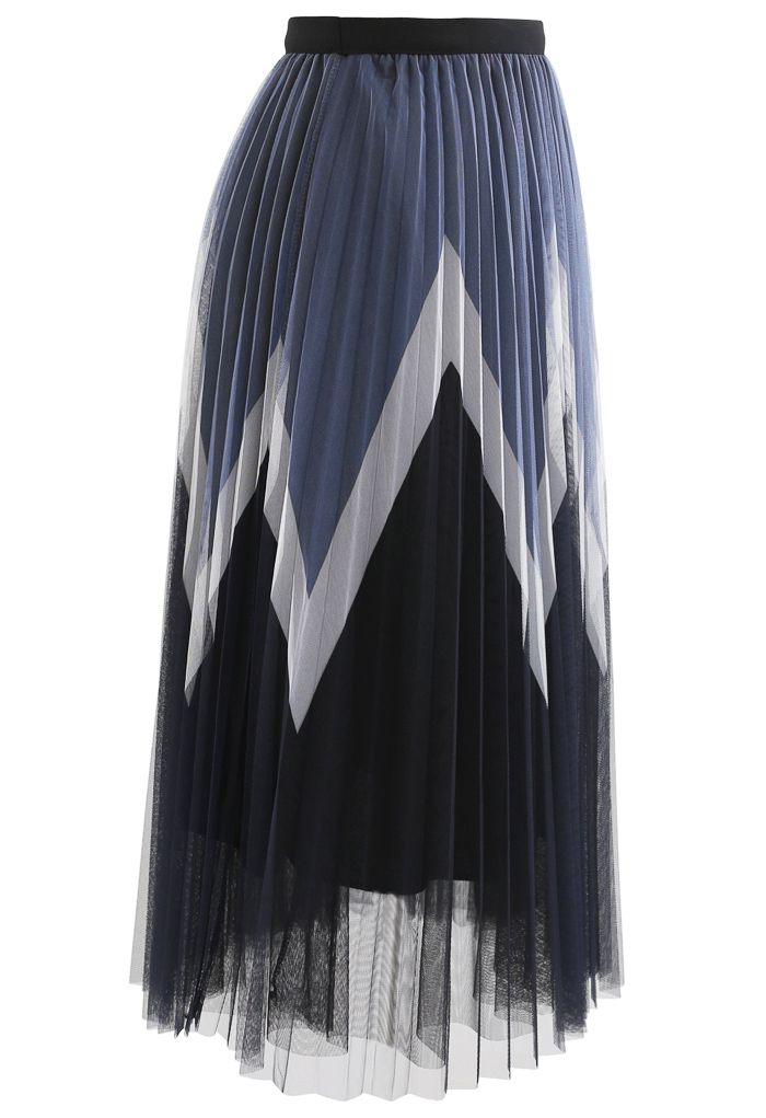 Jupe mi-longue en tulle plissé à double épaisseur en zigzag en noir