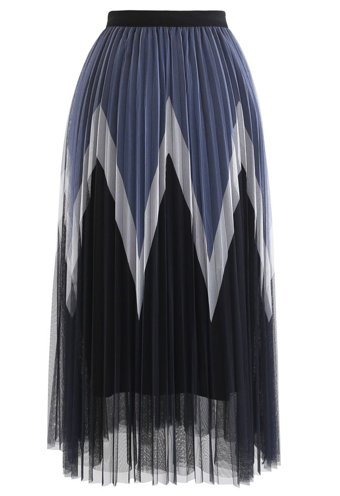 Jupe mi-longue en tulle plissé à double épaisseur en zigzag en noir