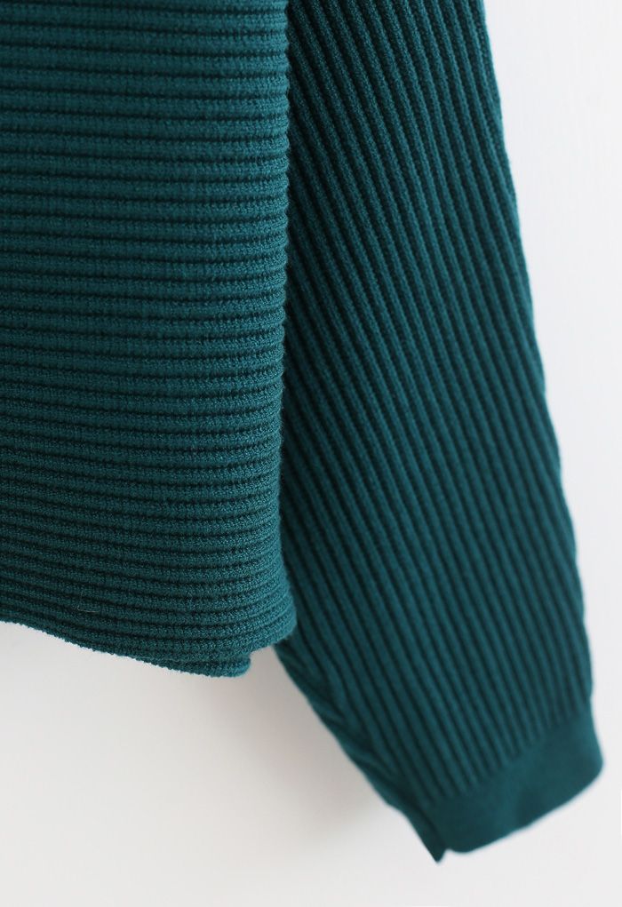 Pull court basique en tricot côtelé à col bénitier en vert foncé