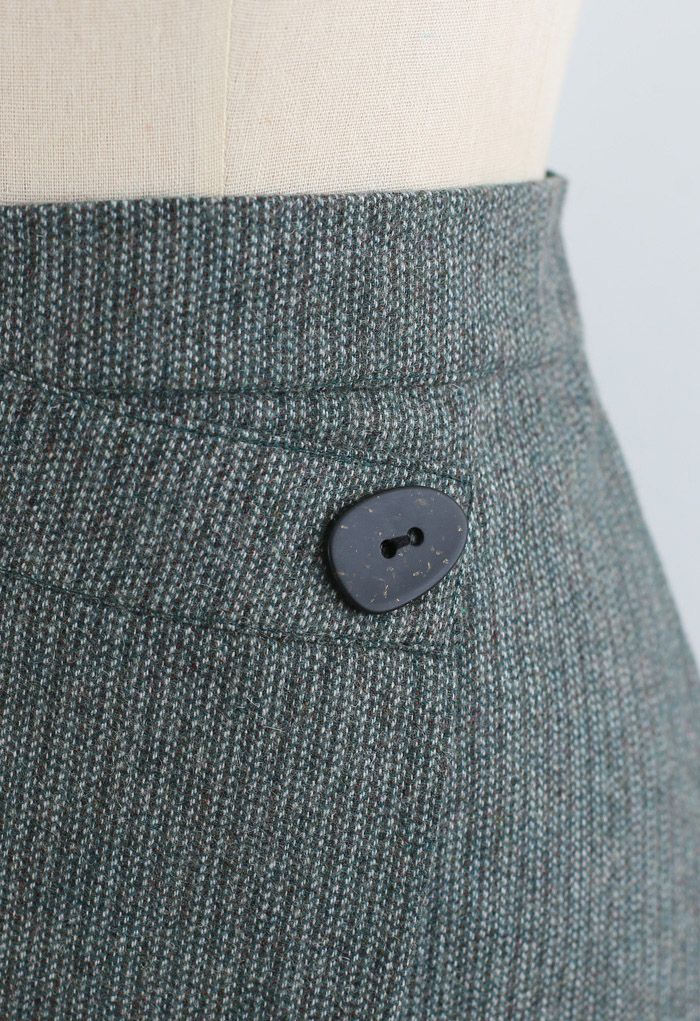 Mini-jupe en laine mélangée à rabat boutonné en vert foncé