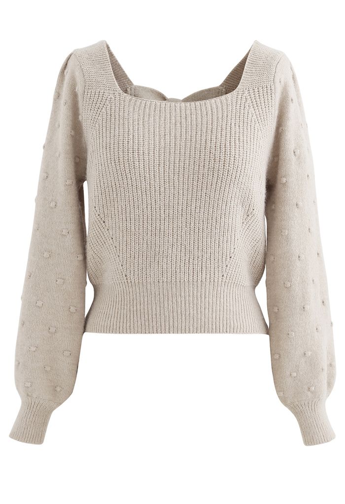 Pull en tricot à encolure carrée avec nœud au dos en fauve clair