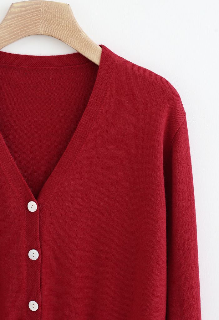 Cardigan en tricot côtelé boutonné à col en V en rouge