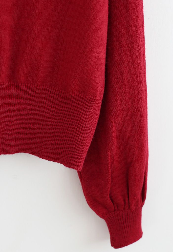Cardigan en tricot côtelé boutonné à col en V en rouge