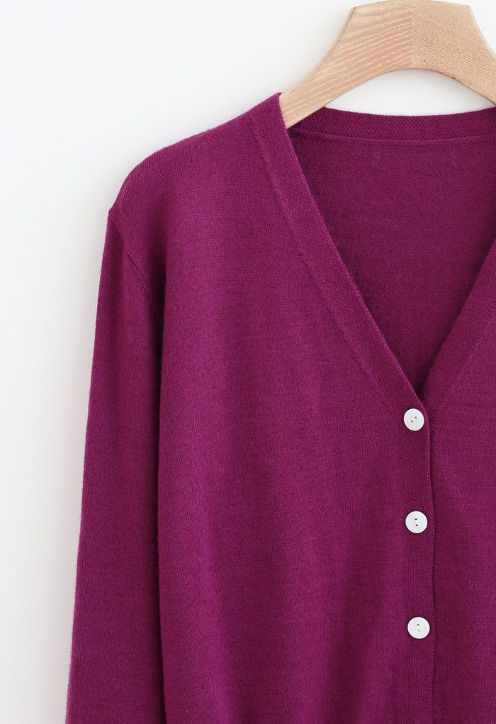 Cardigan en tricot côtelé boutonné à col en V en violet