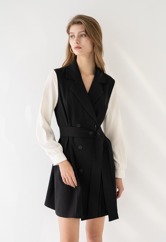 Trench-coat en mousseline de soie à double boutonnage de couleur contrastante en noir