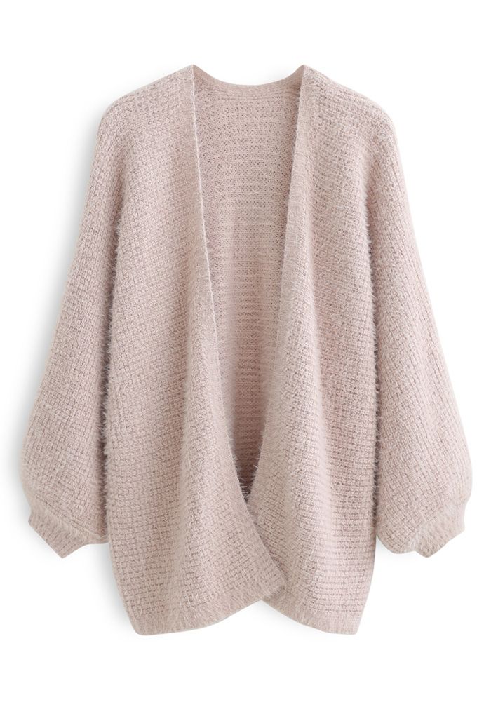 Cardigan Fuzzy en Tricot Gaufré Ouvert sur le Devant en Vieux Rose