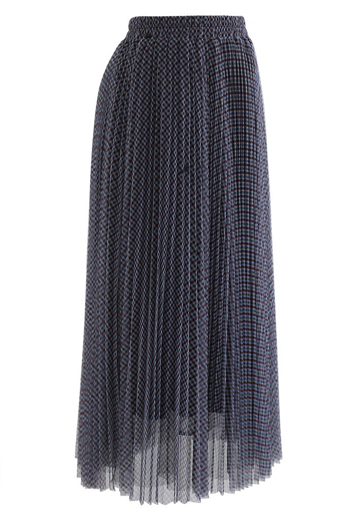 Jupe mi-longue en maille plissée à double épaisseur en vichy en bleu marine