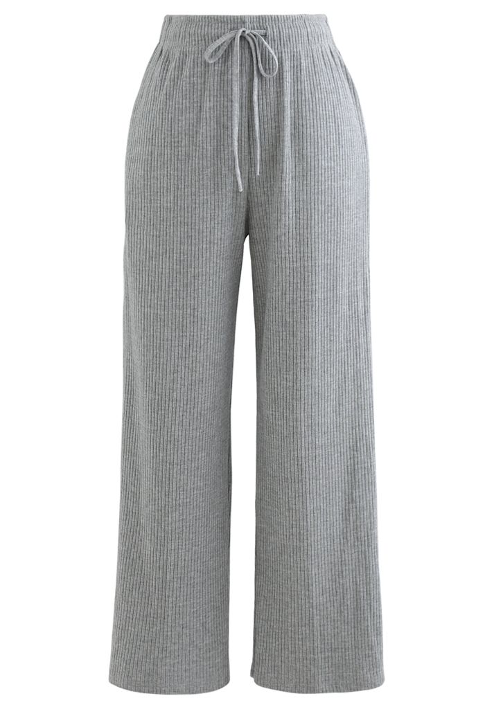 Pantalon court en tricot à jambe large et cordon de serrage en gris