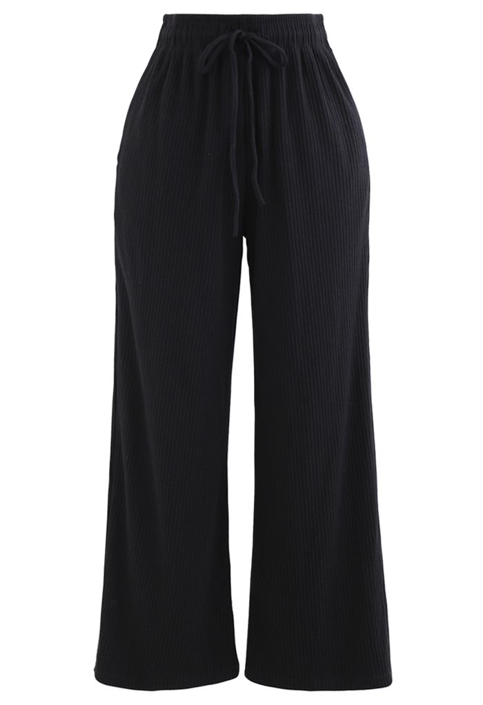 Pantalon court en tricot à jambe large et cordon de serrage en noir