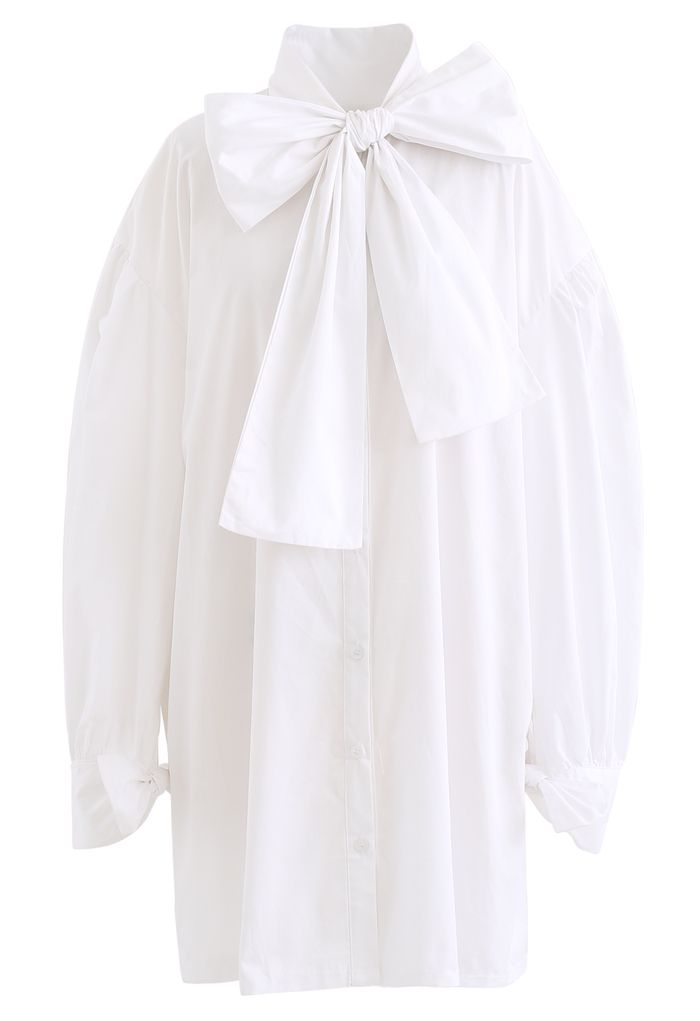 Robe Chemise Tunique Boutonnée Bowknot en Blanc