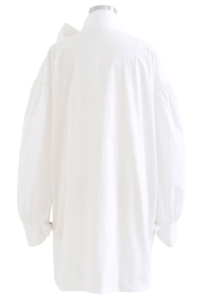 Robe Chemise Tunique Boutonnée Bowknot en Blanc
