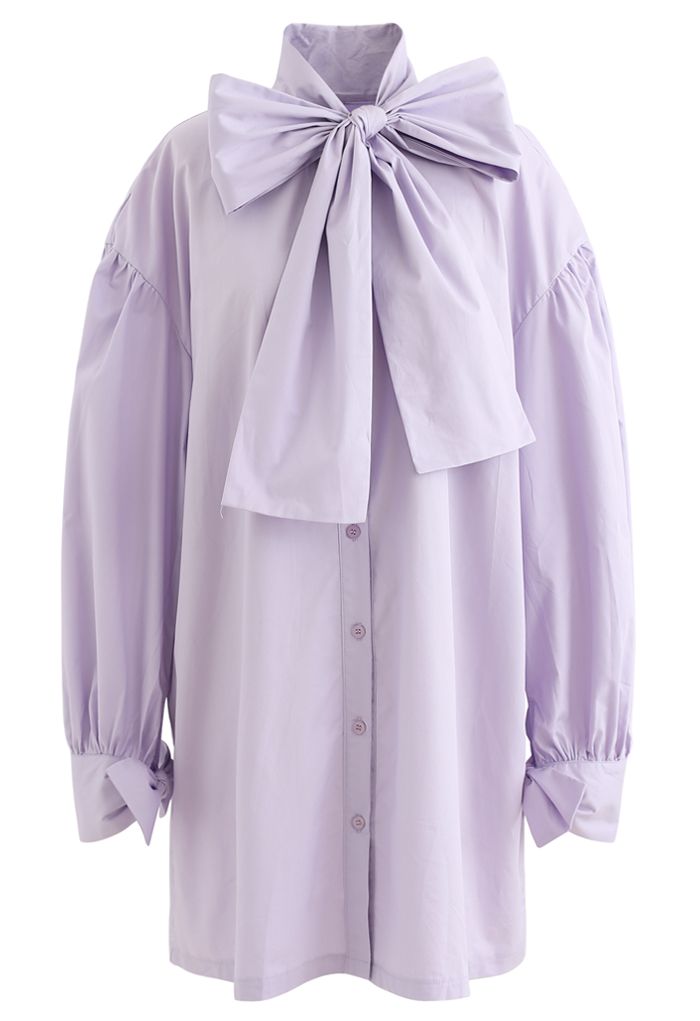 Robe Chemise Tunique Boutonnée Bowknot en Violet