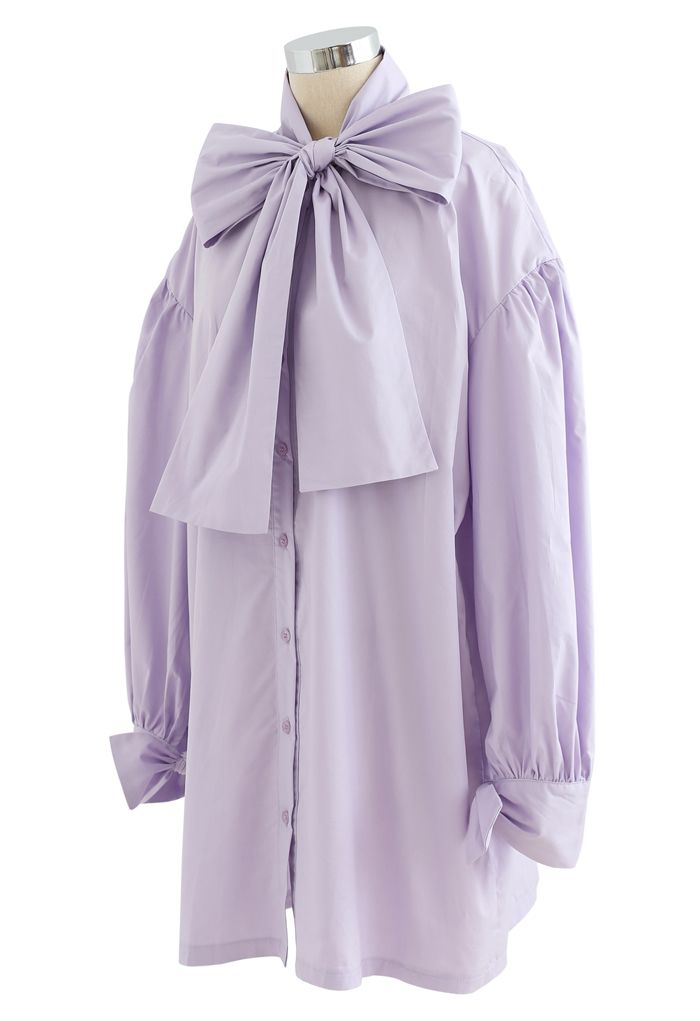 Robe Chemise Tunique Boutonnée Bowknot en Violet