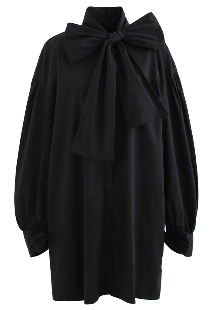Robe Chemise Tunique Boutonnée Bowknot en Noir