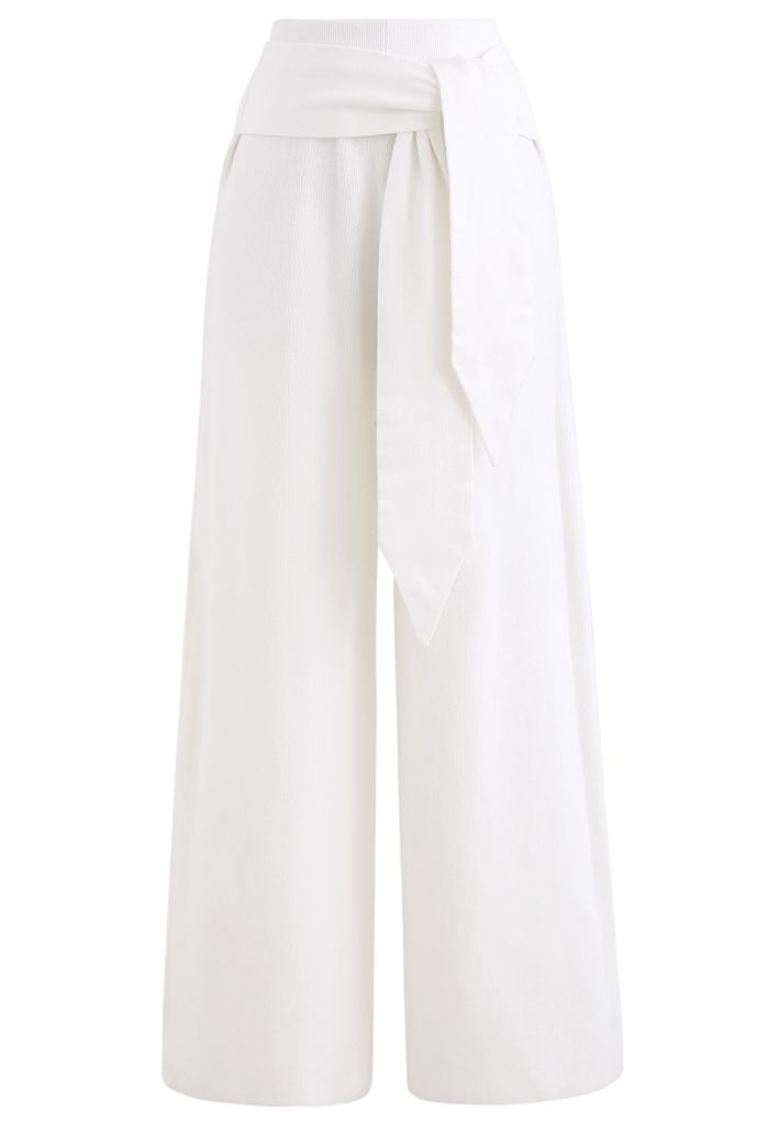 Pantalon large en tricot à taille nouée en blanc