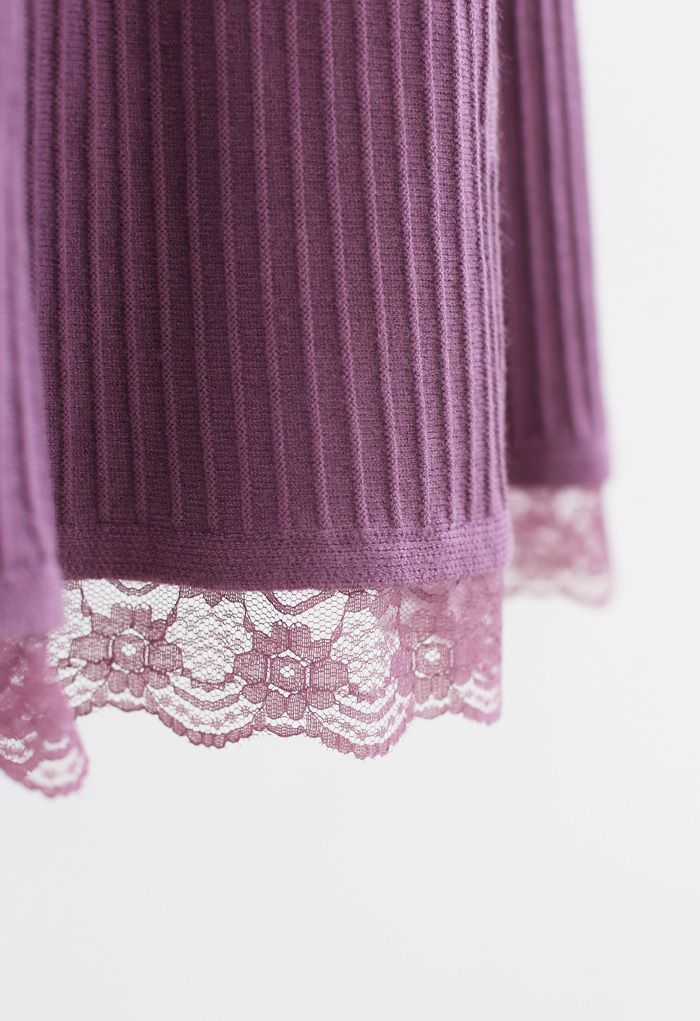 Jupe trapèze en tricot à ourlet en dentelle violet